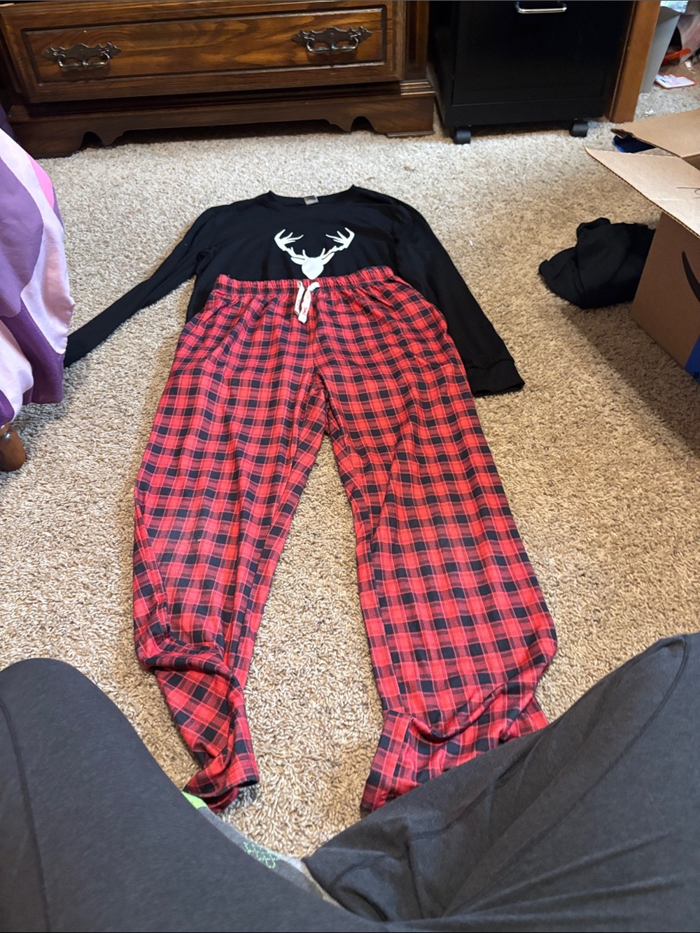 Woman’s Black Top and Red Plaid Pajama Set